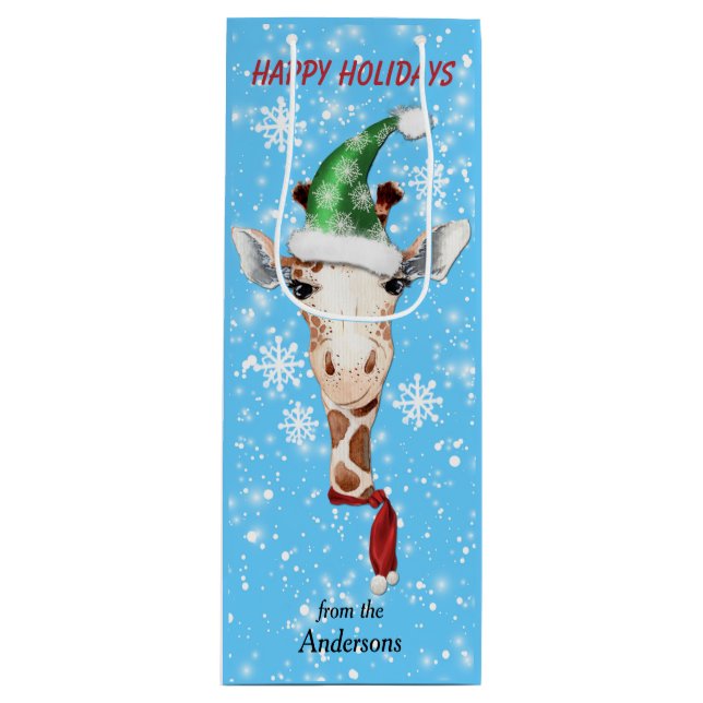 Santa Hat Giraffe Snowflake Blue Vin Gift Bag (Framsidan)