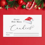 Santa Hat gissar hur många Candies Baby Shower Tilläggskort<br><div class="desc">Kortet för din julhelg för julbabydusch med "Gissa hur många Candies" skrivet i enkel typografi och ett skript med snyggt med en hjärtslagg och en vattenfärgad illustration av en röd Jultomten hatt. Ställe i burk fyllda med candies och be dina gäster gissa hur många som finns i burk. Vinnaren blir...</div>