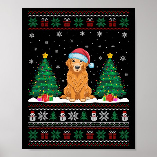 Santa Hat Golden Retriever Hund Julafton Träd Ljus Poster (Framsidan)