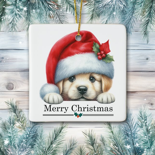 Santa Hat Golden Retriever Puppy Merry Christmas Julgransprydnad Keramik (Skapare uppladdad)