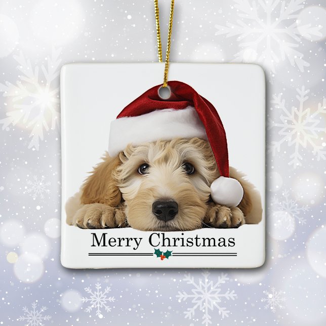 Santa Hat Goldendoodle Dog Merry Christmas Julgransprydnad Keramik (Skapare uppladdad)