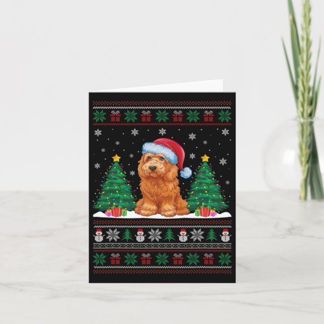 Santa Hat Goldendoodle Hund Julafton Träd Ljus ugl Kort (Framsida)