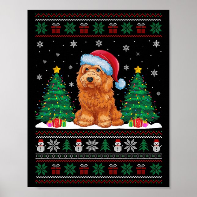 Santa Hat Goldendoodle Hund Julafton Träd Ljus ugl Poster (Framsidan)