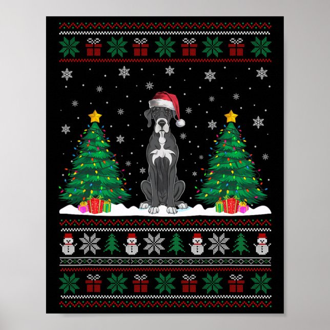 Santa Hat Great dane Hund Julgran Ljus Ugl Poster (Framsidan)