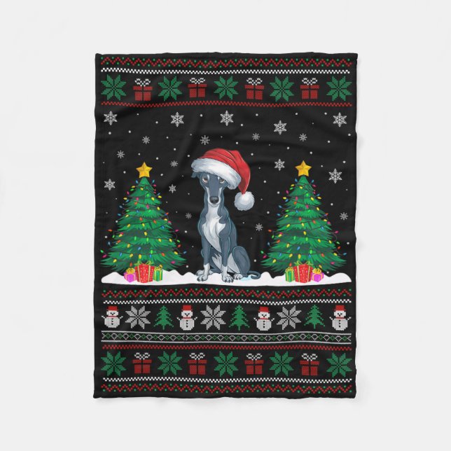 Santa Hat Greyhound Hund Julgran Ljus Ugly Fleecefilt (Framsidan)