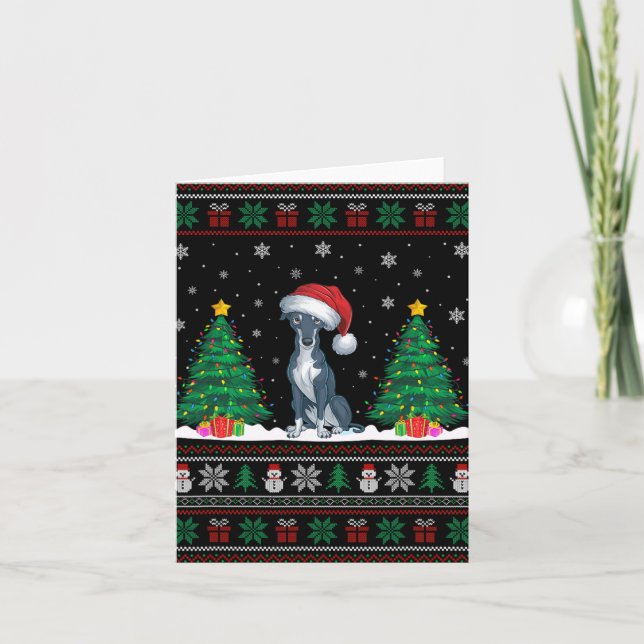 Santa Hat Greyhound Hund Julgran Ljus Ugly Kort (Framsida)