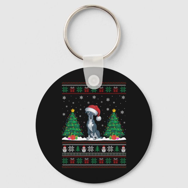 Santa Hat Greyhound Hund Julgran Ljus Ugly Nyckelring (Framsida)