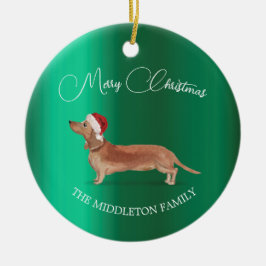 Santa Hat Hund Tan Dachshund Grönt God jul Julgransprydnad Keramik