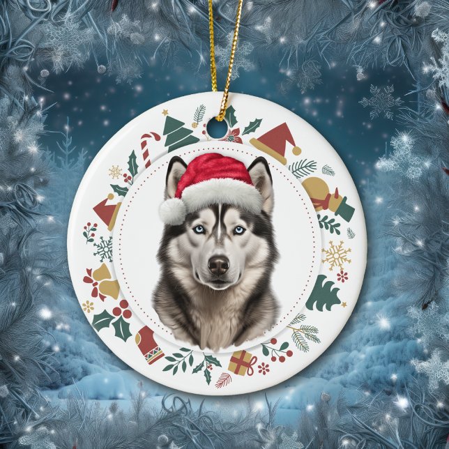 Santa Hat Husky Hund jul-Bilder-andedräkt Julgransprydnad Keramik (Skapare uppladdad)