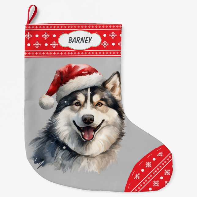 Santa Hat Husky Hund Snowflake Gräns Stor Julstrumpa (Framsidan)