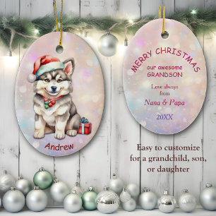 Santa Hat Husky Puppy Grandson Julgransprydnad Keramik