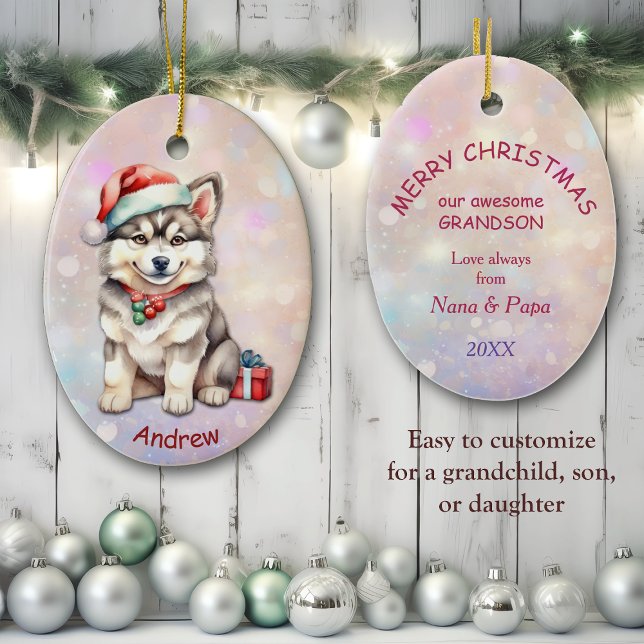 Santa Hat Husky Puppy Grandson Julgransprydnad Keramik (Skapare uppladdad)