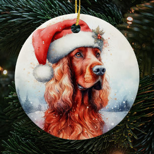 Santa Hat Irish Setter Hund jul Julgransprydnad Keramik