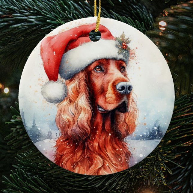 Santa Hat Irish Setter Hund jul Julgransprydnad Keramik (Skapare uppladdad)
