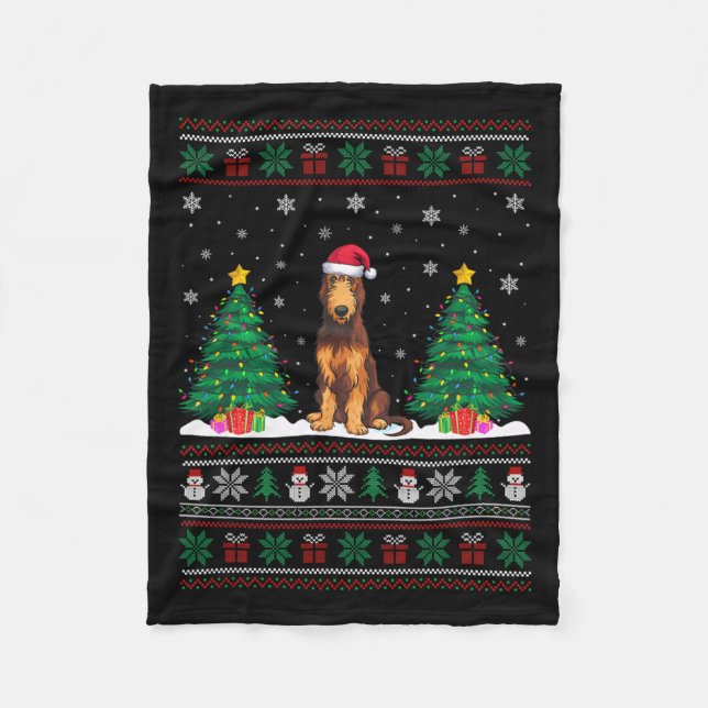 Santa Hat Irish Wolfhound Hund Julafton Träd Ljus  Fleecefilt (Framsidan)
