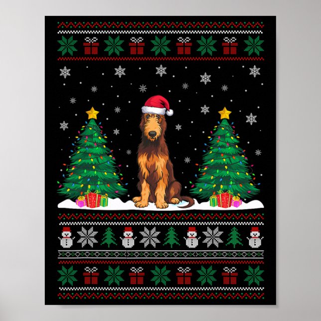 Santa Hat Irish Wolfhound Hund Julafton Träd Ljus  Poster (Framsidan)