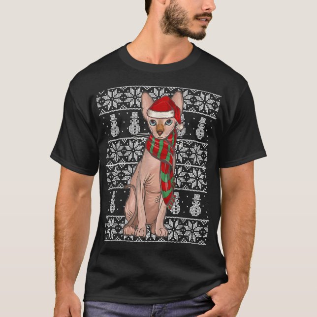 Santa Hat Julafton Sphynx Cat Ugly God jul T Shirt (Framsida)