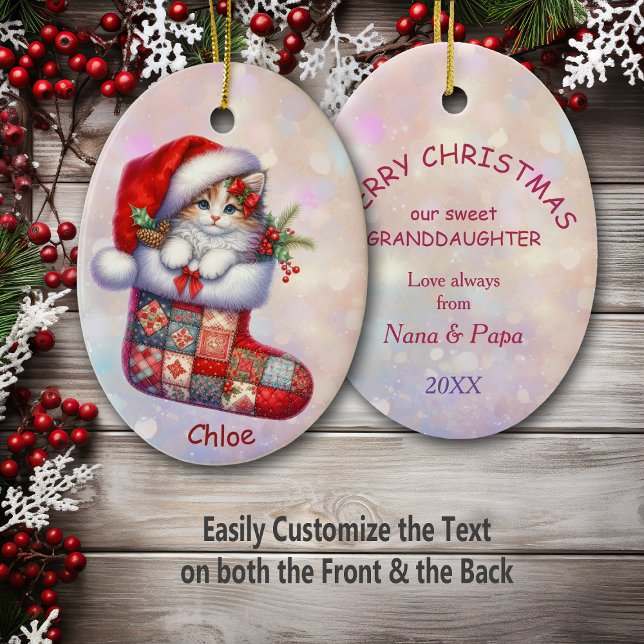 Santa Hat Kitten i Stocking Granddotter Julgransprydnad Keramik (Skapare uppladdad)