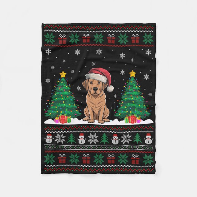 Santa Hat Labrador Hund Julgran Ljus Ugly Fleecefilt (Framsidan)