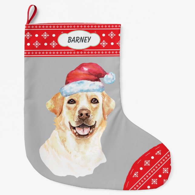 Santa Hat Labrador Retriever Snowflake Gräns Stor Julstrumpa (Framsidan)