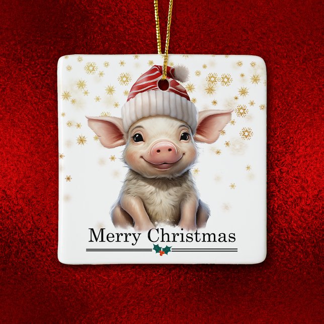 Santa Hat Little Pig Merry Christmas Julgransprydnad Keramik (Skapare uppladdad)