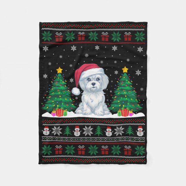 Santa Hat Maltese Hund Julgran Ljus Ugly S Fleecefilt (Framsidan)