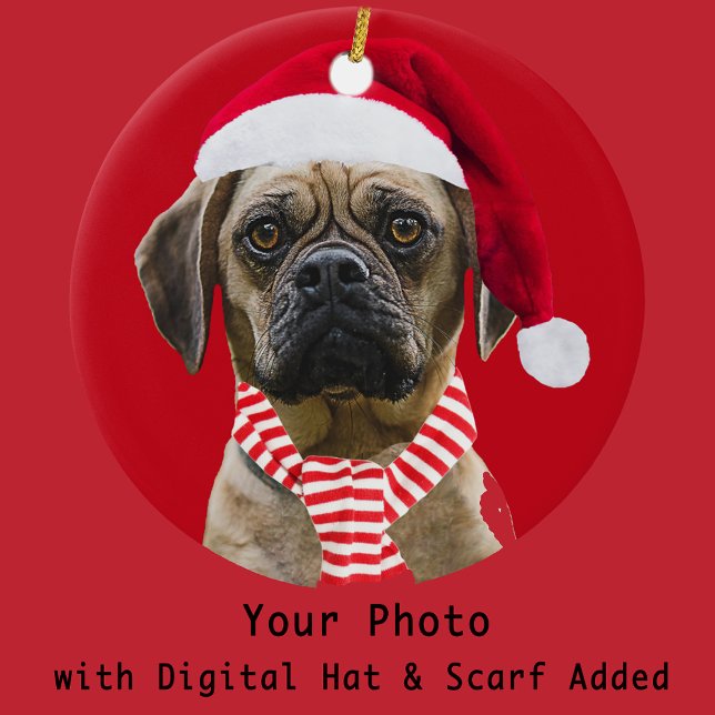 Santa Hat och Scarf med Photo jul-Hund Julgransprydnad Keramik (Skapare uppladdad)