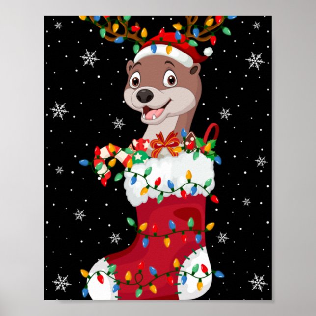 Santa Hat Otter Animal In Socks Xmas Tree Lights T Poster (Framsidan)