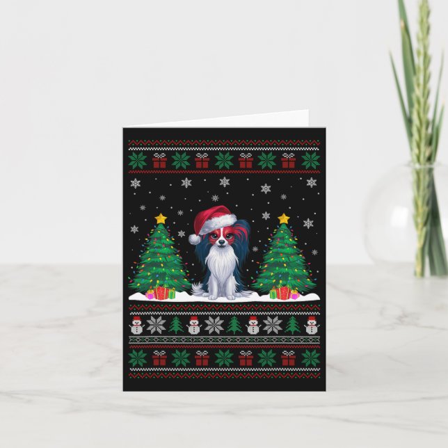 Santa Hat Papillon Hund Julgran Ljus Ugly Kort (Framsida)