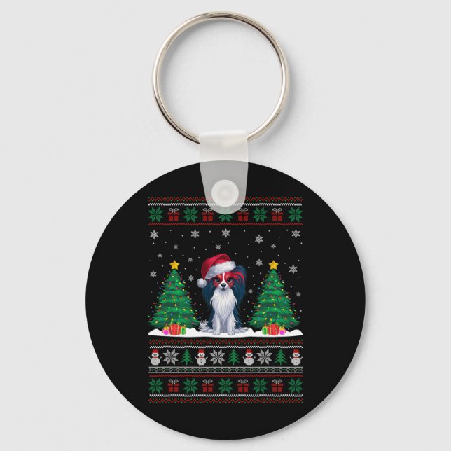 Santa Hat Papillon Hund Julgran Ljus Ugly Nyckelring (Framsida)