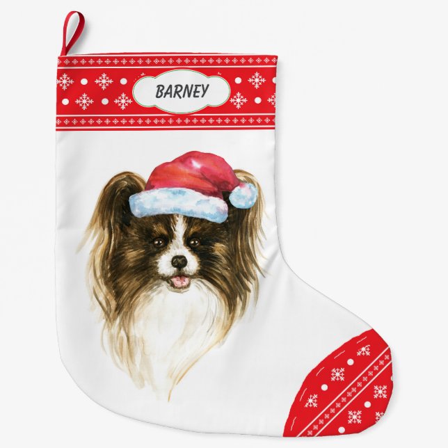 Santa Hat Papillon Hund Snowflake Gräns Stor Julstrumpa (Framsidan)