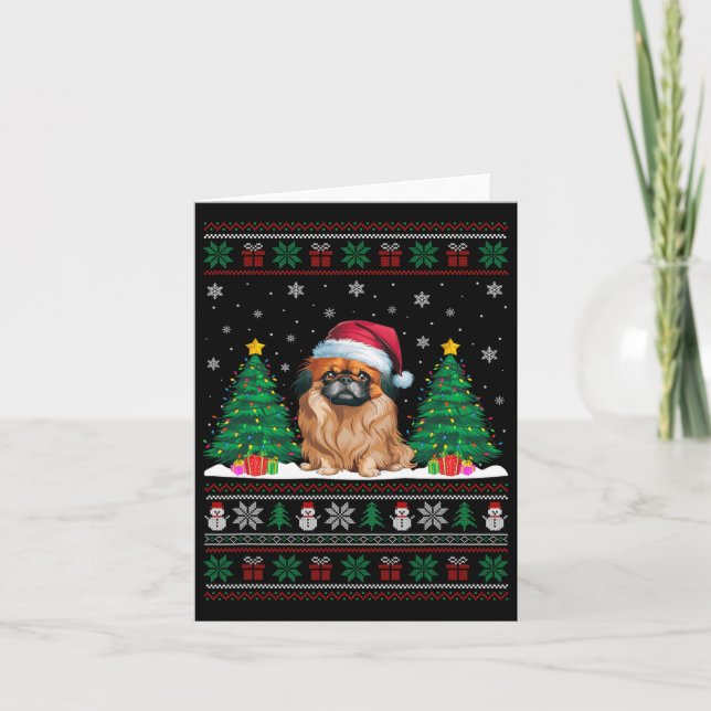 Santa Hat Pekingese Hund Julgran Ljus Ugly Kort (Framsida)