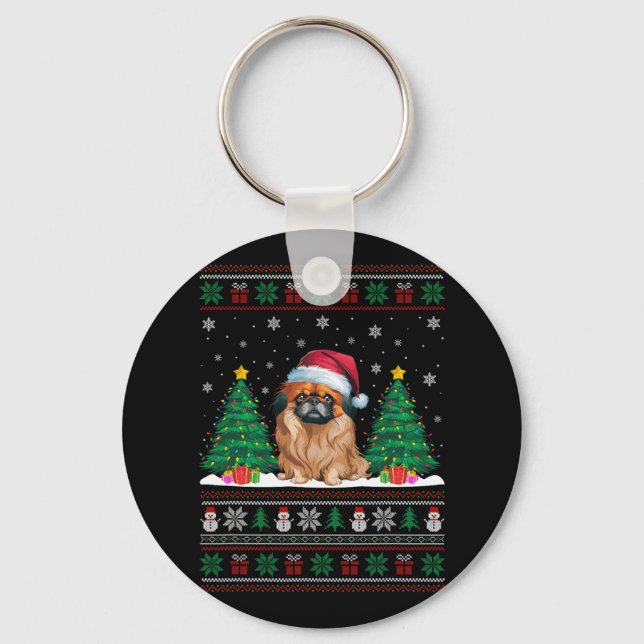 Santa Hat Pekingese Hund Julgran Ljus Ugly Nyckelring (Framsida)