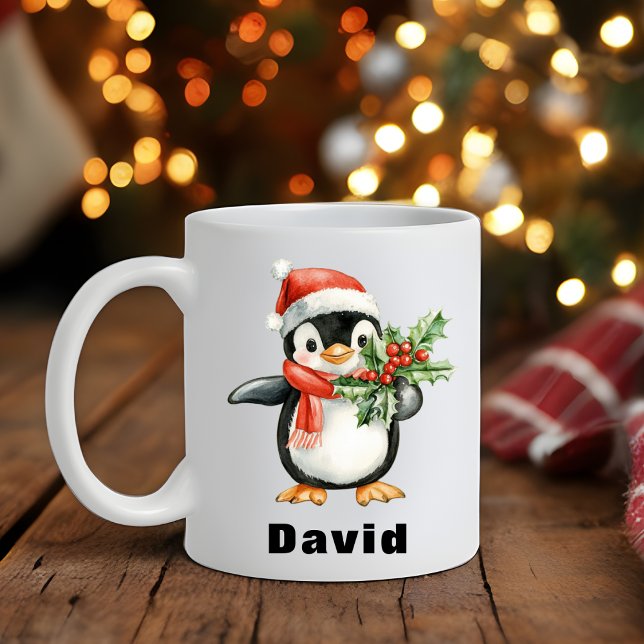 Santa Hat Penguin Holding jul Holly Kaffemugg (Santa Hat Penguin Holding Christmas Holly Coffee Mug)