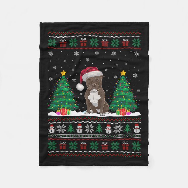 Santa Hat Pitbull Hund Julgran Ljus Ugly S Fleecefilt (Framsidan)