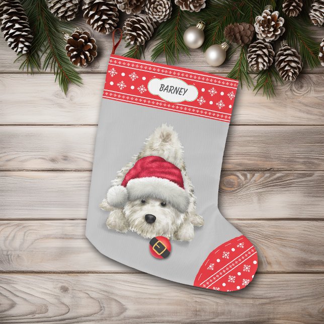 Santa Hat Playful Westie Snowflake Gräns Stor Julstrumpa (Skapare uppladdad)