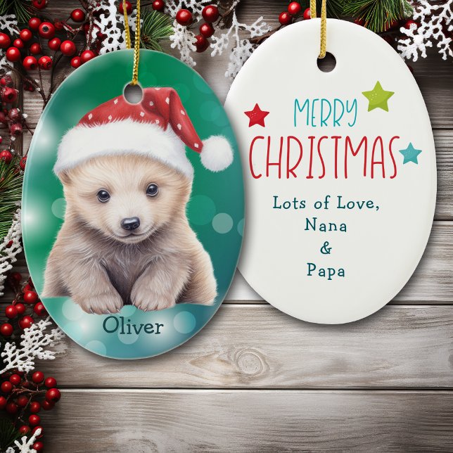 Santa Hat Polar Bear Cub Kids Ceramic Ornament (Skapare uppladdad)