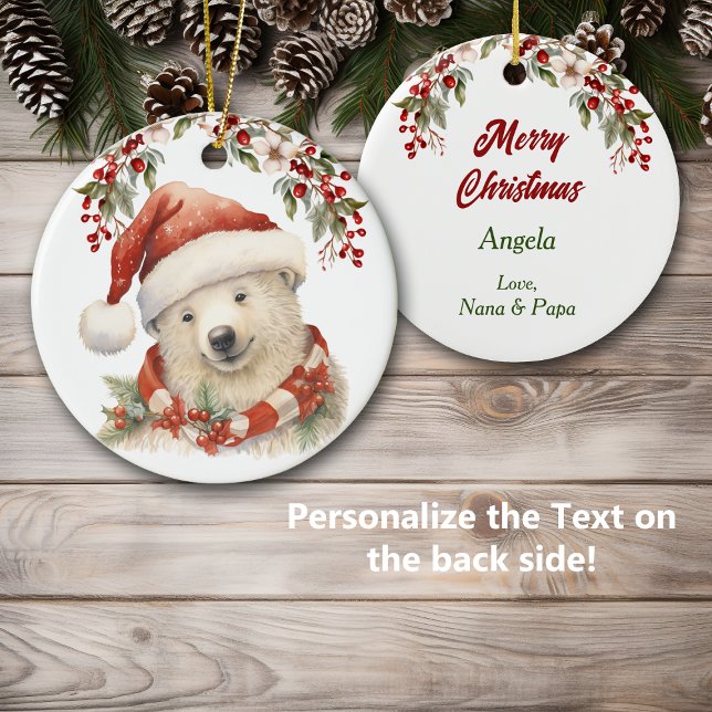 Santa Hat Polar Bear Holly Berries jul Julgransprydnad Keramik (Skapare uppladdad)