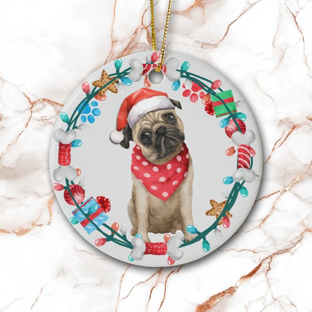 Santa Hat Pug Hund Bene andedräkt Julgransprydnad Keramik (Skapare uppladdad)