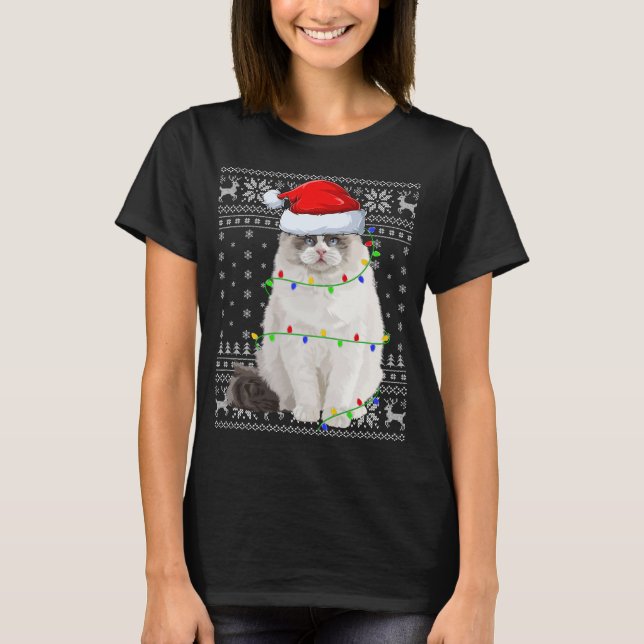 Santa Hat Ragdoll Cat Julafton Lighting Ugly Ragdo T Shirt (Framsida)