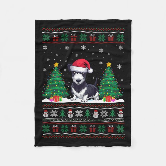 Santa Hat Råtta Terrier Hund Julgran Ljus Ug Fleecefilt (Framsidan)