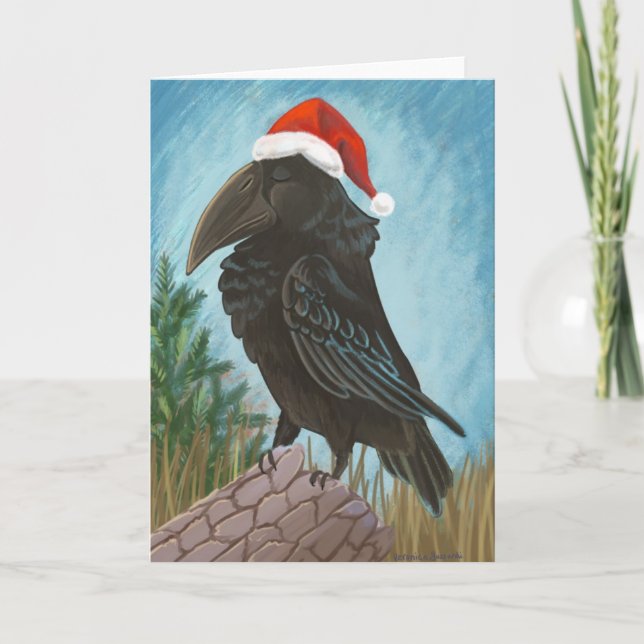 Santa Hat Raven Helgkort (Framsida)
