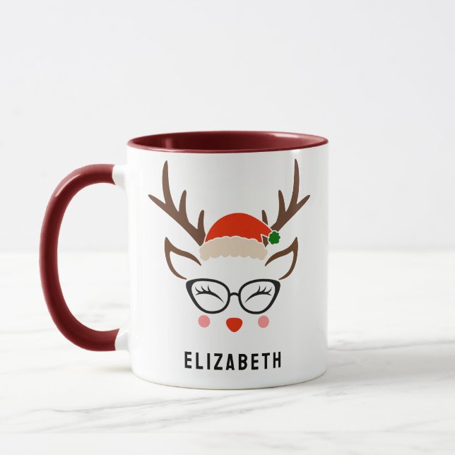 Santa Hat Reindeer Cute Girl Jul Maroon Mugg (Vänster)