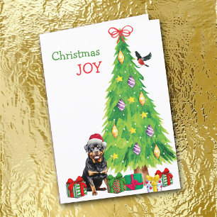 Santa Hat Rottweiler Hund, Bird och Julgran Helgkort