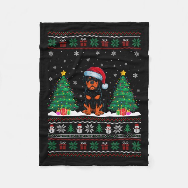 Santa Hat Rottweiler Hund Julgran Ljus Ugl Fleecefilt (Framsidan)