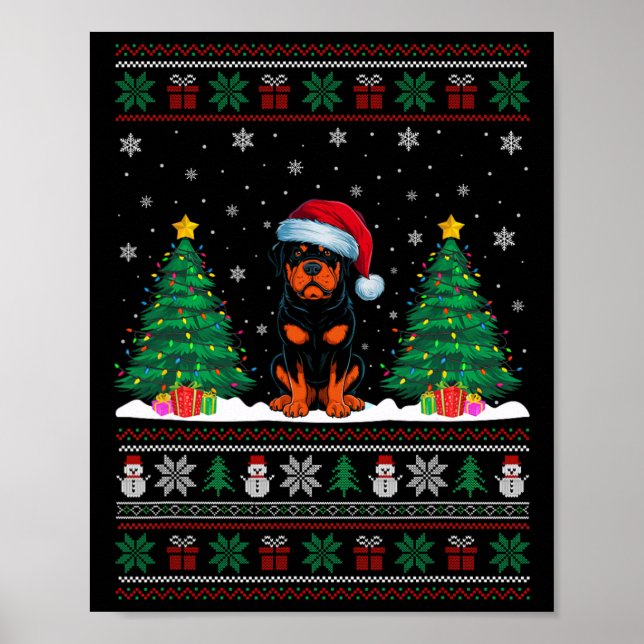Santa Hat Rottweiler Hund Julgran Ljus Ugl Poster (Framsidan)