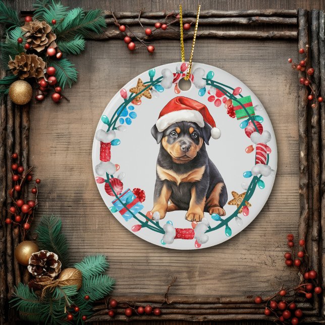 Santa Hat Rottweiler Puppy Bone Wandeans Julgransprydnad Keramik (Skapare uppladdad)