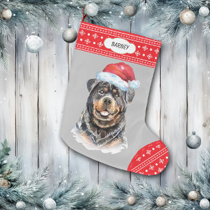 Santa Hat Rottweiler Snowflake Gräns Stor Julstrumpa