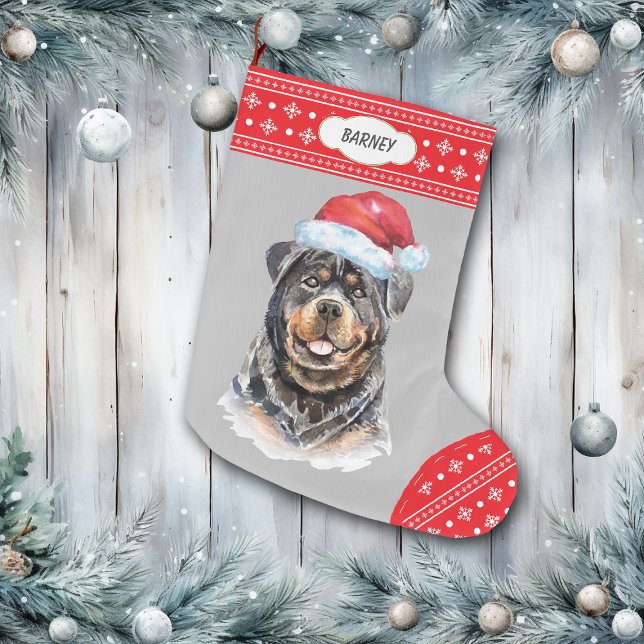 Santa Hat Rottweiler Snowflake Gräns Stor Julstrumpa (Skapare uppladdad)