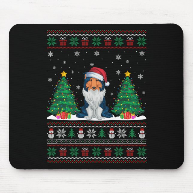 Santa Hat Rough Collie Hund Julafton Träd Ljus ugl Musmatta (Framsidan)